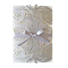 Silvery Invitation Card Glitter Marriage Invitation With Ribbon Bow Laser Cut